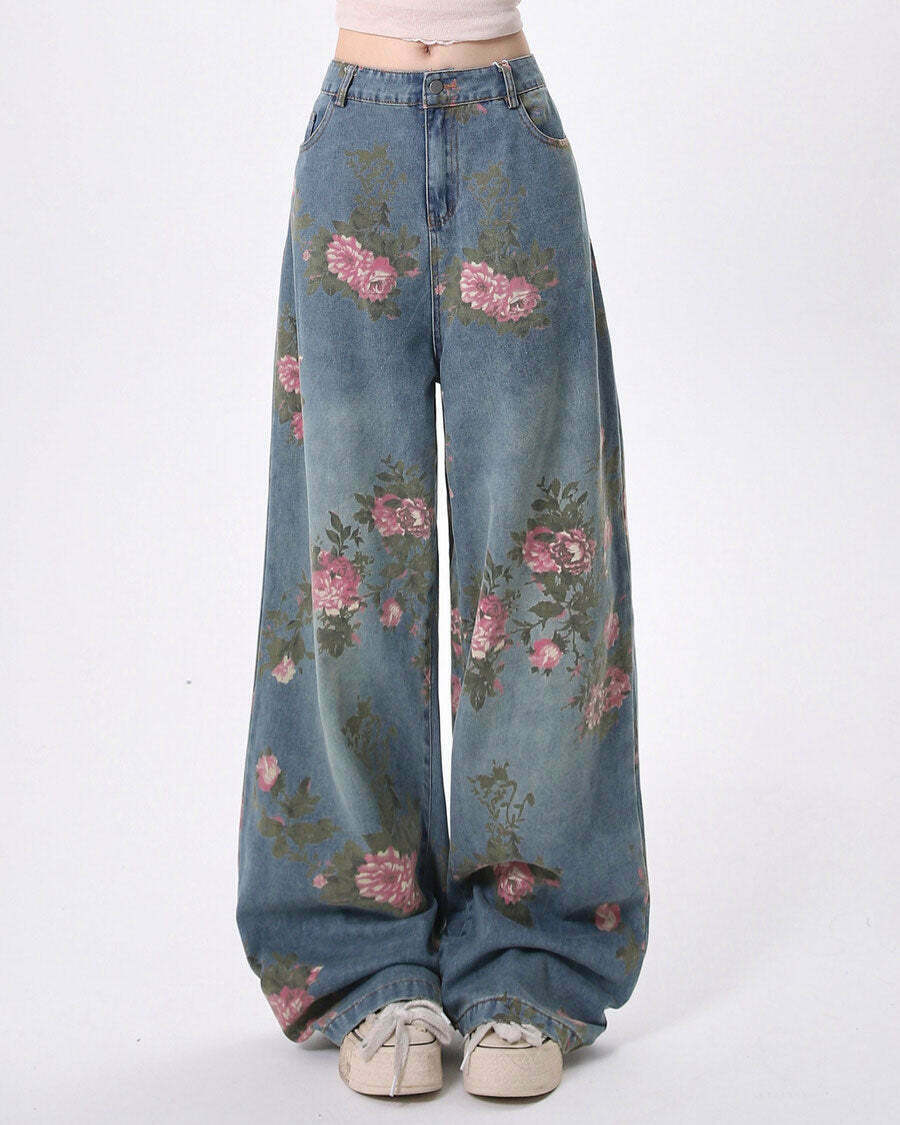 Cottagecore Rose Print Wide Jeans - Trendy Y2K Style for Cute Fashion Enthusiasts