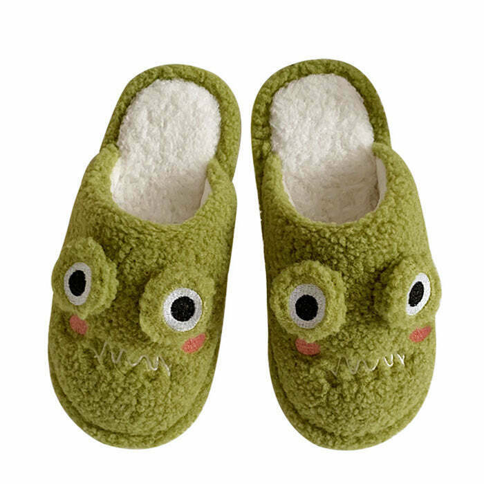 Cozy Frog Fuzzy Slippers for Y2K Style: Perfect for Vintage Fashion and Spring Outfits