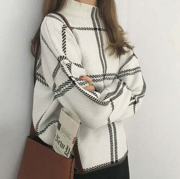 Cozy Grid Lounge Sweater - Y2K Fashion Inspired Brown Sweater for Stylish Comfort