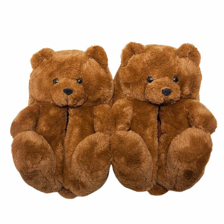 Cozy Hugging Teddy Bear Slippers for Y2K Fashion Lovers - Brown & Red Styles Available