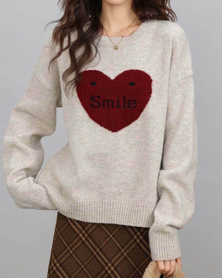 Cozy Soft Girl Warm Heart Sweater - Y2K Grunge Style for Trendy Fall Outfits