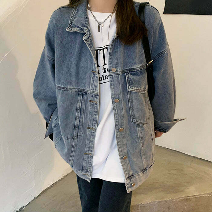 Cozy Up Asymmetrical Denim Jacket - Y2K Grunge Style for Trendy Fashion Lovers