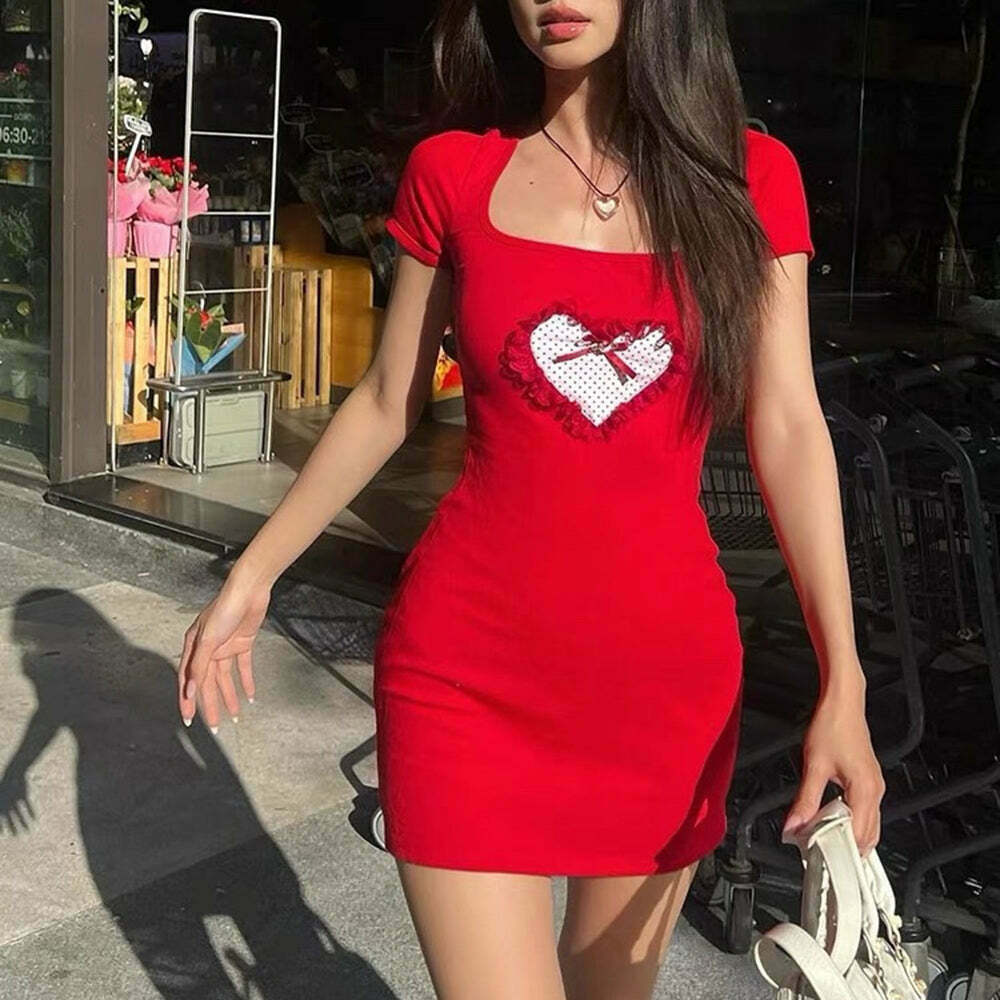 Crimson Heart Mini Dress - Y2K Fashion Must-Have for Fall Outfits & 2000s Style Lovers