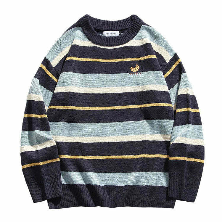 Croissant Embroidery Striped Pullover - Trendy Y2K Grunge Style for Kids' Fashion