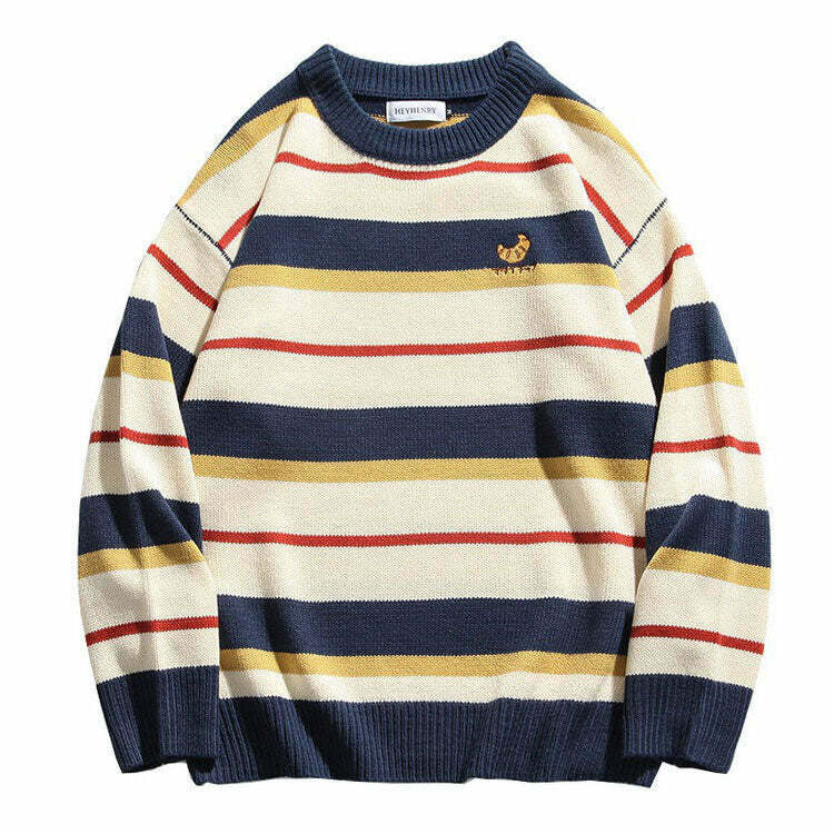 Croissant Embroidery Striped Pullover - Trendy Y2K Grunge Style for Kids' Fashion