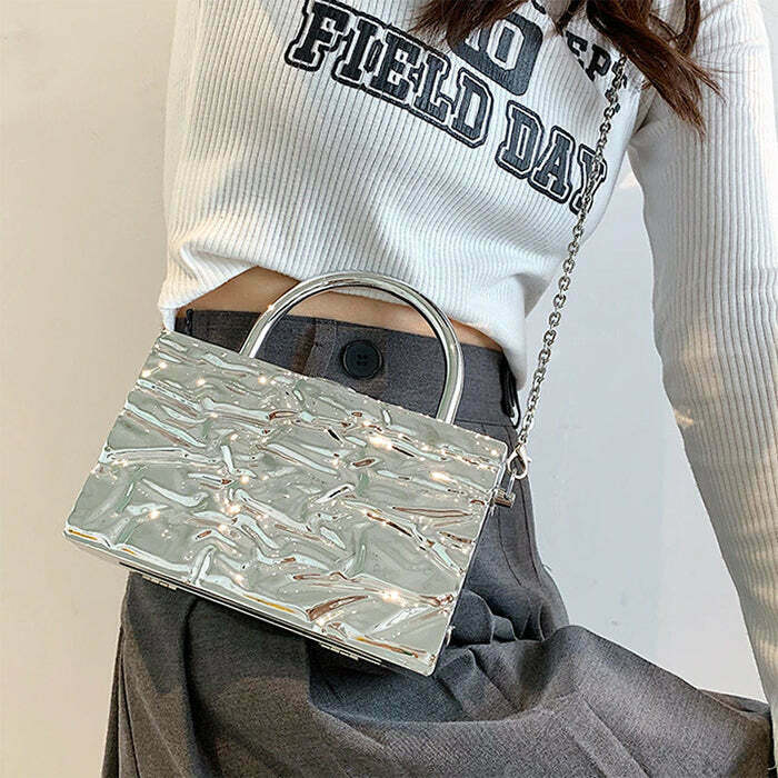 Crumpled Metal Chain Bag for Y2K Fashion: Trendy Accessory for Modest and Grunge Styles