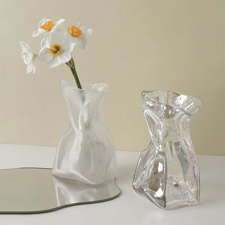 Crumpled Paper Glass Flower Vase - Y2K Retro Aesthetic Home Decor for Trendy Outfits