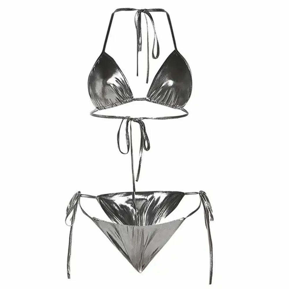 Cyber Celebrity Metallic Bikini Set - Trendy Y2K Fashion for Stylish Summer Looks