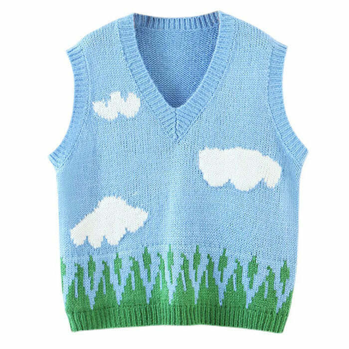 Dark Y2K Style Cloud Knit Vest for Sporty Fashion - Trendy Knit Vest for Men & Kids