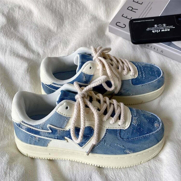 Denim Heart Aesthetic Sneakers for Y2K Style - Vintage Denim Sneakers for Trendy Outfits