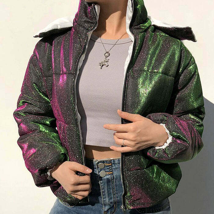 Disco Dynasty Rainbow Puffer Jacket - Stylish Streetwear with Spider Web Design