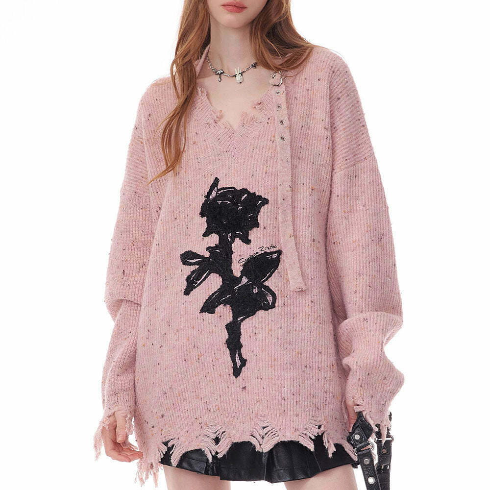 Distressed Rose Print Sweater - Trendy Y2K Fashion for Grunge Aesthetic Lovers