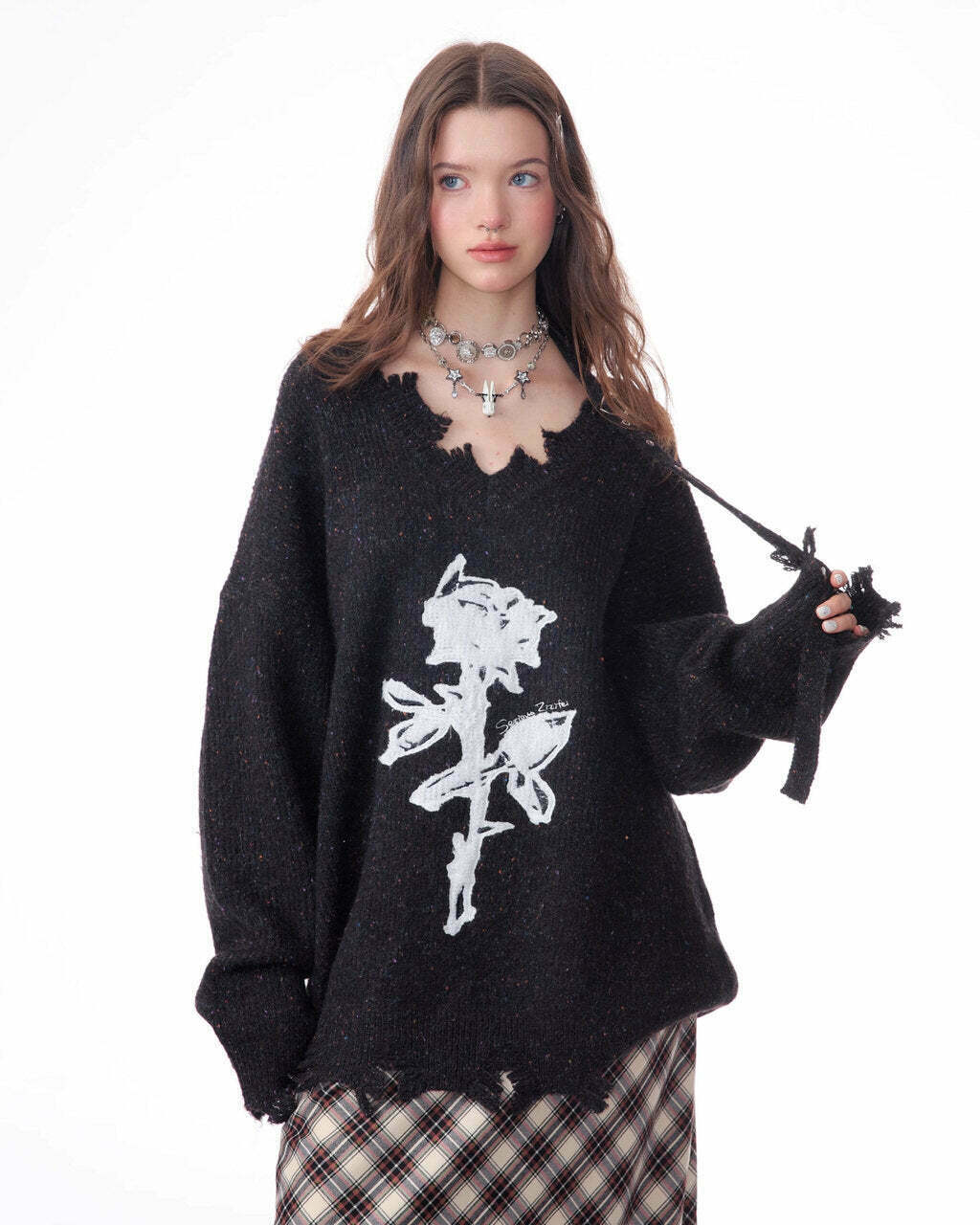 Distressed Rose Print Sweater - Trendy Y2K Fashion for Grunge Aesthetic Lovers