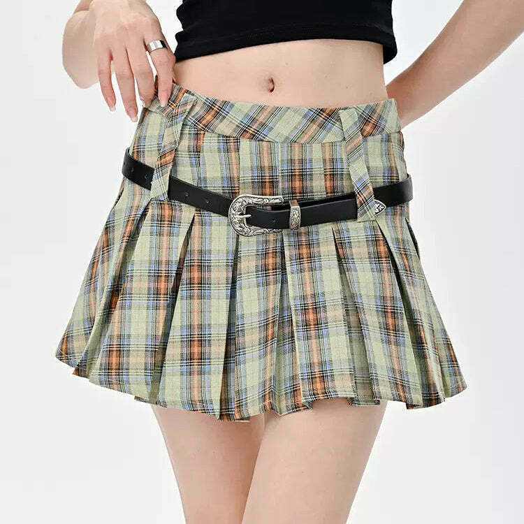 Double Belt Green Plaid Pleated Skirt - Trendy Y2K Fashion for Stylish Outfits