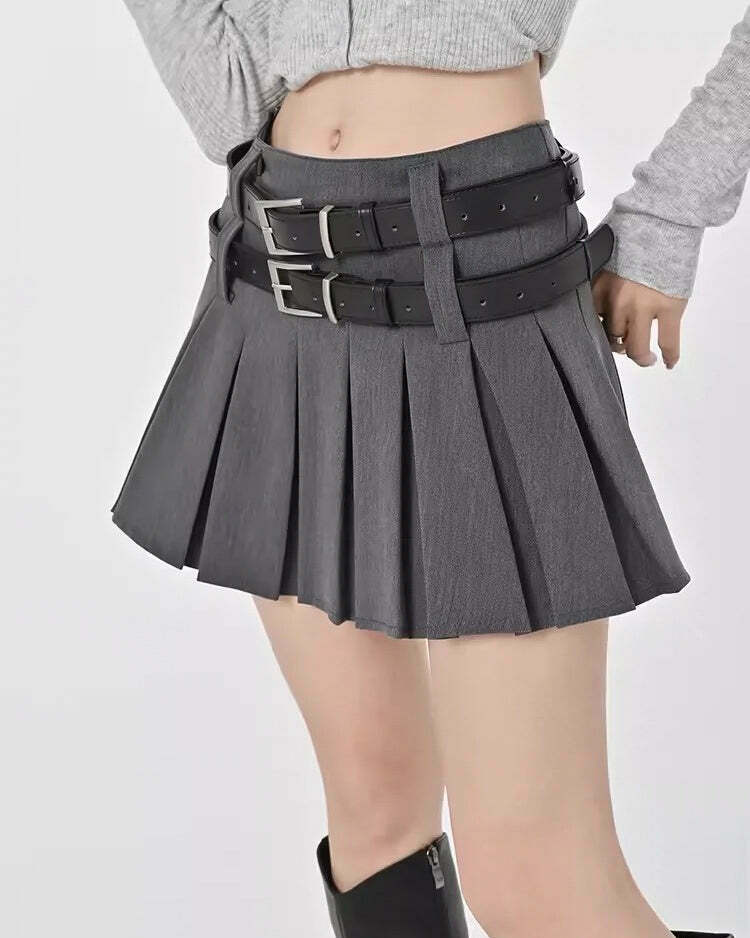 Double Belt Pleated Mini Skirt - Y2K Fashion Trend for Retro Futurism & Indie Style