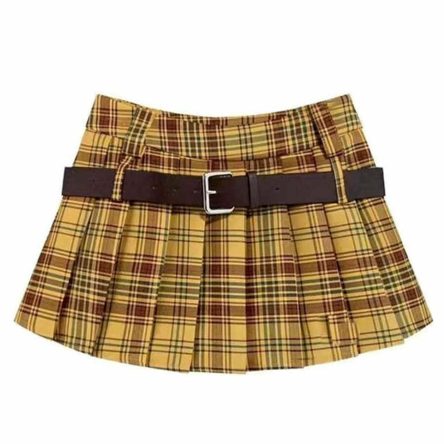 Double Belt Yellow Plaid Pleated Skirt - Trendy Y2K Fashion for Stylish Outfits