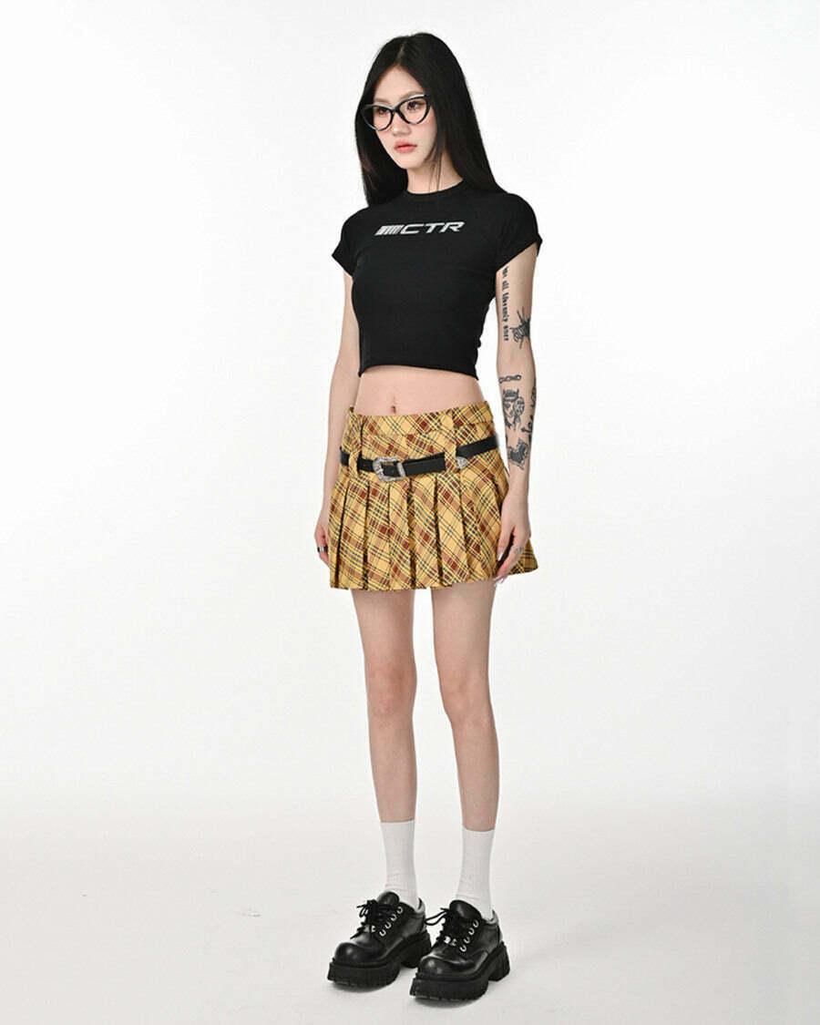 Double Belt Yellow Plaid Pleated Skirt - Trendy Y2K Fashion for Stylish Outfits