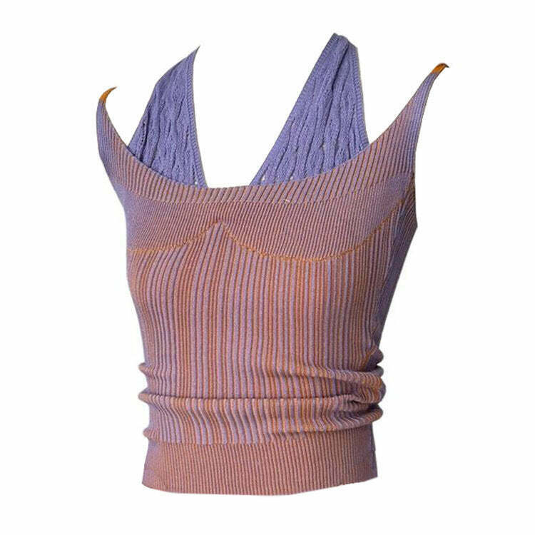 Double Layered Y2K Knit Halter Top - Trendy Grunge & Retro Style for Modern Y2K Fashion