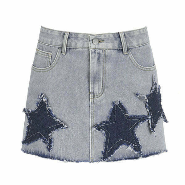 Downtown Girl Star Denim Skirt - Trendy Fishtail Design, Y2K Style, and Washed Finish