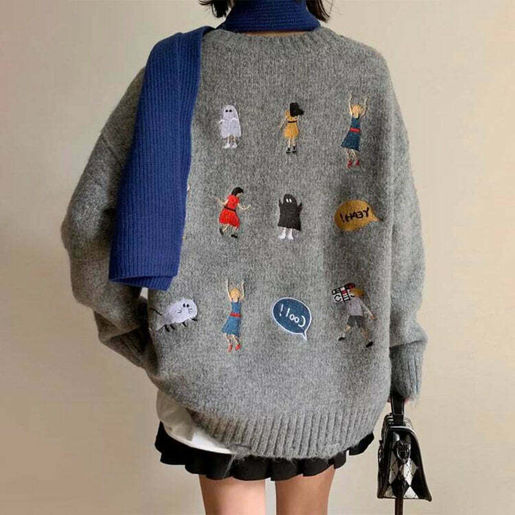 Embroidered Back Oversized Sweater - Aesthetic Y2K Style for Trendy Fall Outfits