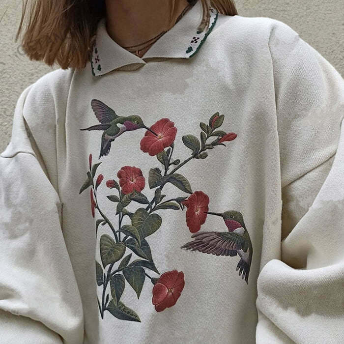 Embroidered Hummingbird Vintage Sweatshirt - Cute Grunge Y2K Style for Unique Outfits