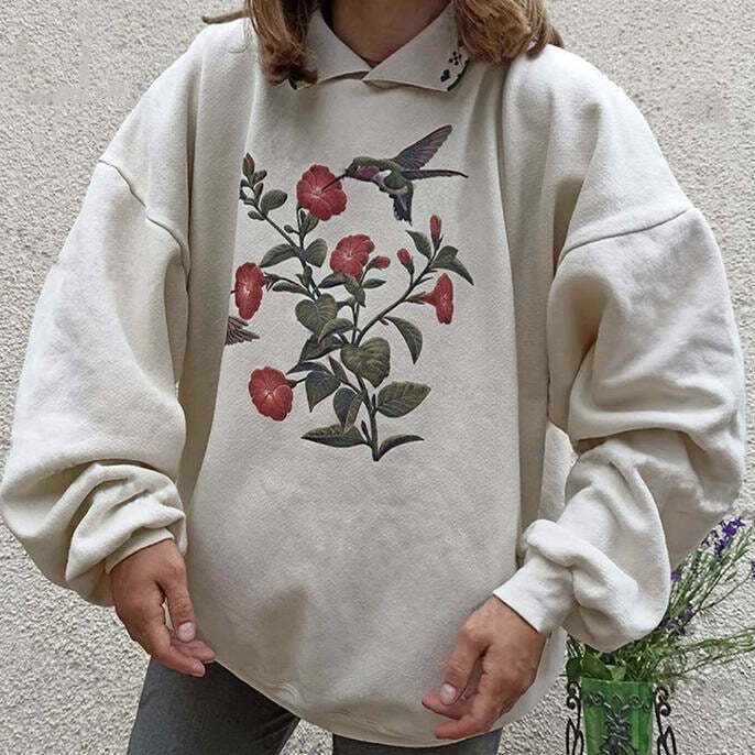 Embroidered Hummingbird Vintage Sweatshirt - Cute Grunge Y2K Style for Unique Outfits