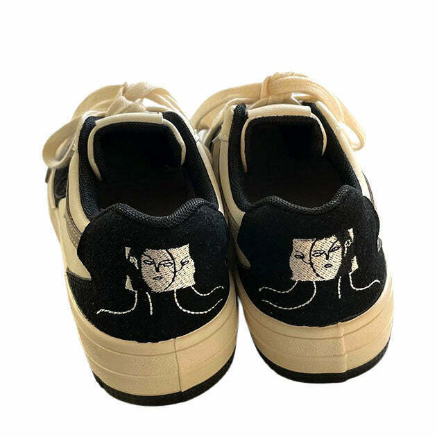 Face Embroidery Aesthetic Black Sneakers for Y2K Grunge and Punk Style Outfits