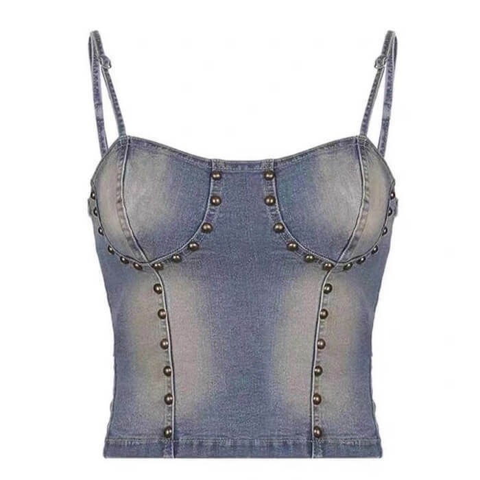 Fairy Grunge Denim Rivet Top - Trendy Y2K Fashion for Cyber Outfits & Dark Aesthetic