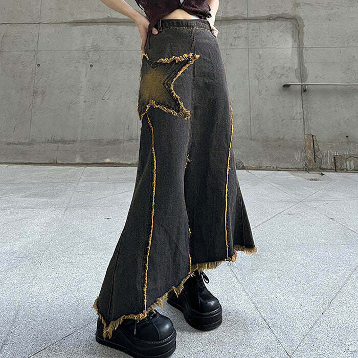 Fairy Grunge Long Denim Skirt - Y2K Style Fashion for Iconic 2000s Outfits