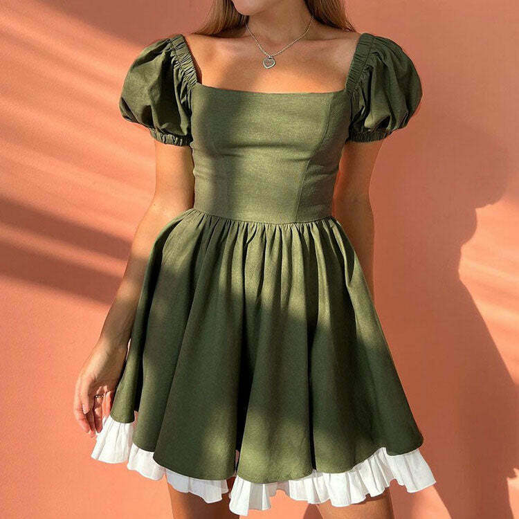 Fairycore Aesthetic Green Mini Dress - Y2K Grunge Style for a Magical Look