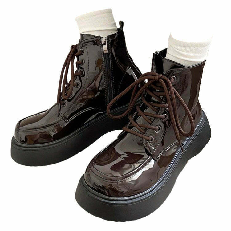 Fall Aesthetic Lacquered Lace Up Boots for Y2K Fashion and Comfy Grunge Outfits