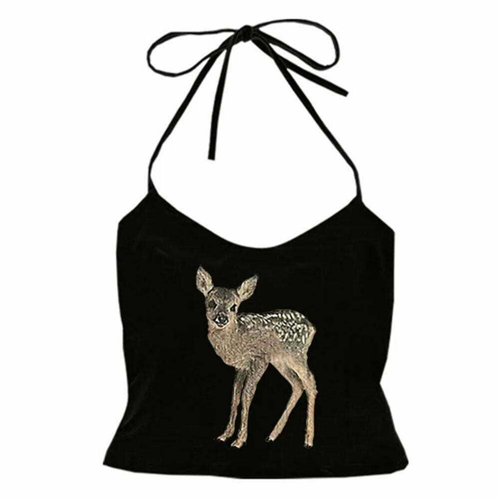 Fawn Print Y2K Halter Top - Trendy Grunge Style for Y2K Fashion Lovers and Outfits