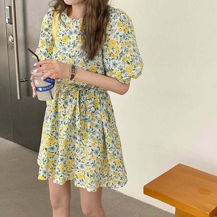Floral Cottagecore Dress in Blue, Pink, Black & Yellow - Retro Y2K Grunge Style Outfit