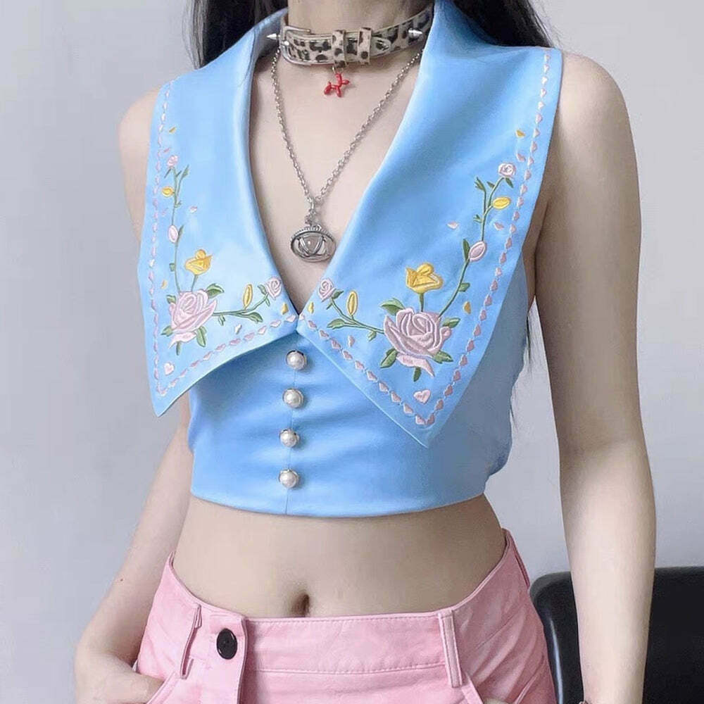 Floral Embroidered Satin Vest for Trendy Y2K Grunge Style - Retro Fashion Must-Have