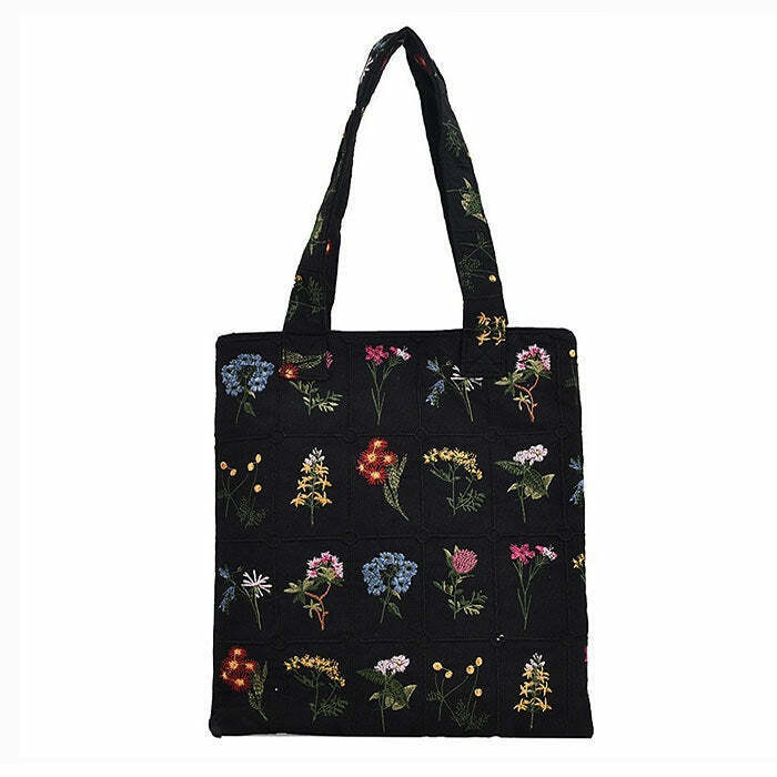 Floral Embroidered Tote Bag - Y2K Dark Fashion & Grunge Style for Trendy Outfits