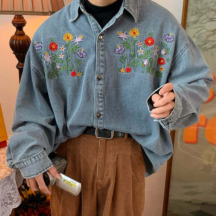 Floral Embroidery Vintage Denim Shirt - Y2K Fashion Casual Style for Trendy Outfits