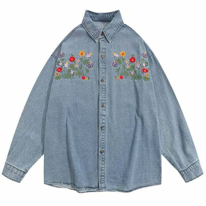 Floral Embroidery Vintage Denim Shirt - Y2K Fashion Casual Style for Trendy Outfits