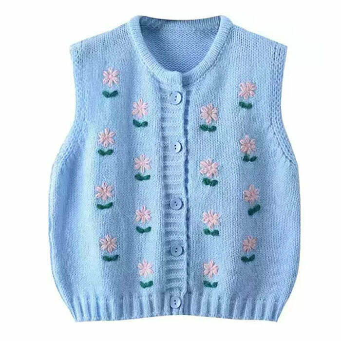 Flower Embroidery Blue Knit Vest - Original Y2K Style for Comfy Fashionable Outfits