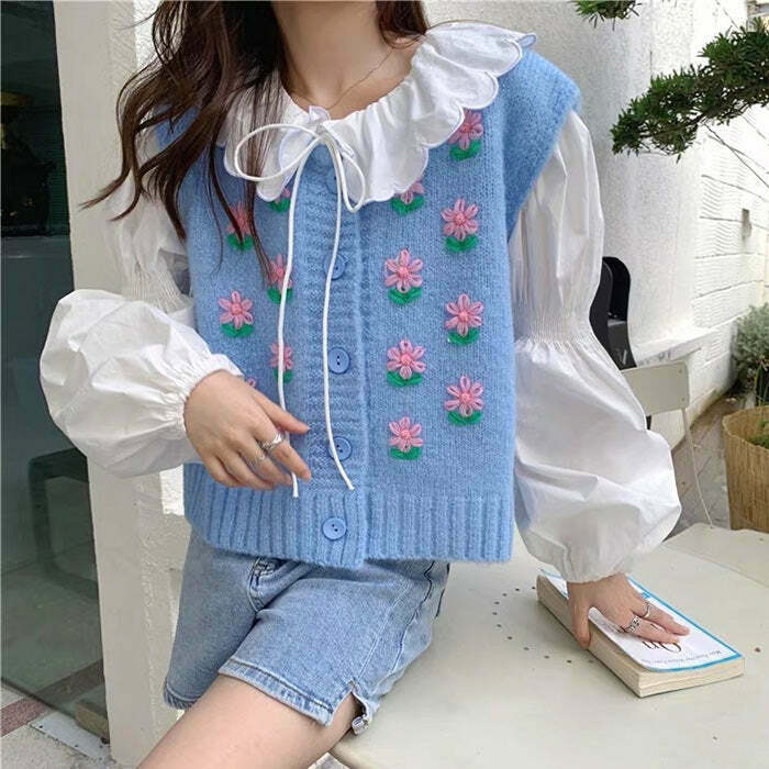 Flower Embroidery Blue Knit Vest - Original Y2K Style for Comfy Fashionable Outfits