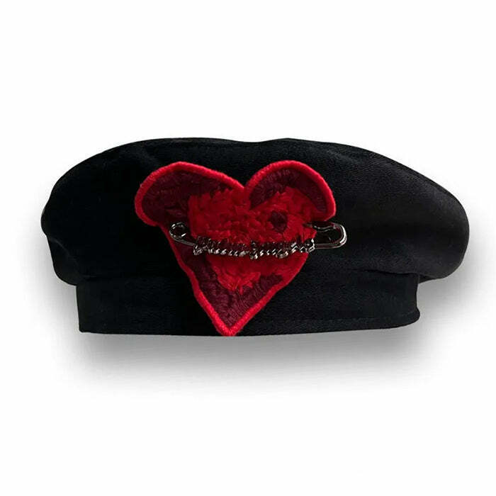 French Kiss Heart Beret - Kawaii Houndstooth & Tweed Embroidered Halloween Beret