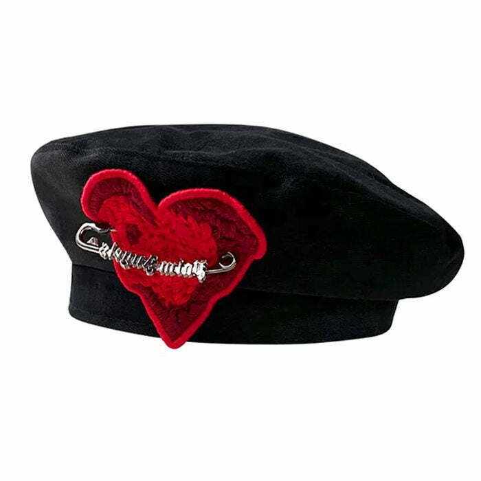 French Kiss Heart Beret - Kawaii Houndstooth & Tweed Embroidered Halloween Beret