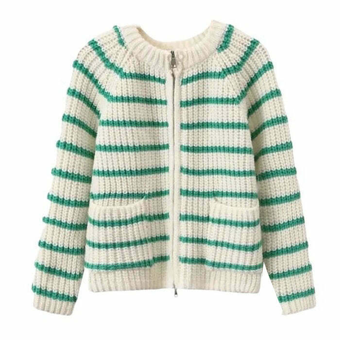 French Mood Fuzzy Striped Cardigan - Retro Y2K Grunge Style for Casual Outfits