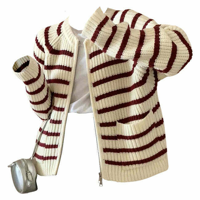 French Mood Fuzzy Striped Cardigan - Retro Y2K Grunge Style for Casual Outfits