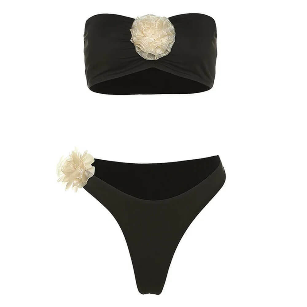 French Rose Bandeau Bikini Set - Y2K Grunge Style for Trendy Skater Outfits