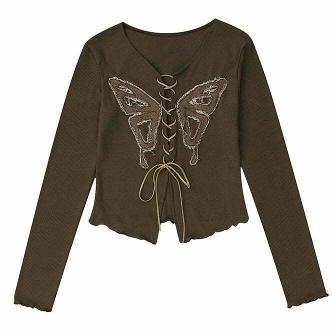 Front Lace Butterfly Aesthetic Top - Trendy Y2K Grunge Fashion for Unique Outfits