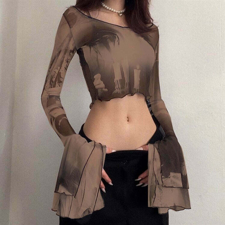 Futuristic Flare Sleeves Mesh Top - Vintage Y2K Style Brown Clothing for Trendy Looks