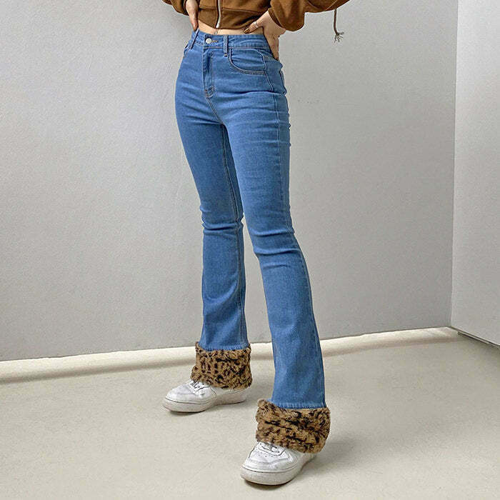 Fuzzy Leopard Trim Jeans for Y2K Fashion: Trendy Grunge & Cyber Styles for Girls and Boys