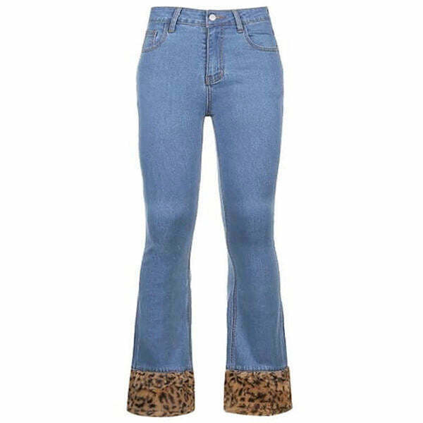 Fuzzy Leopard Trim Jeans for Y2K Fashion: Trendy Grunge & Cyber Styles for Girls and Boys