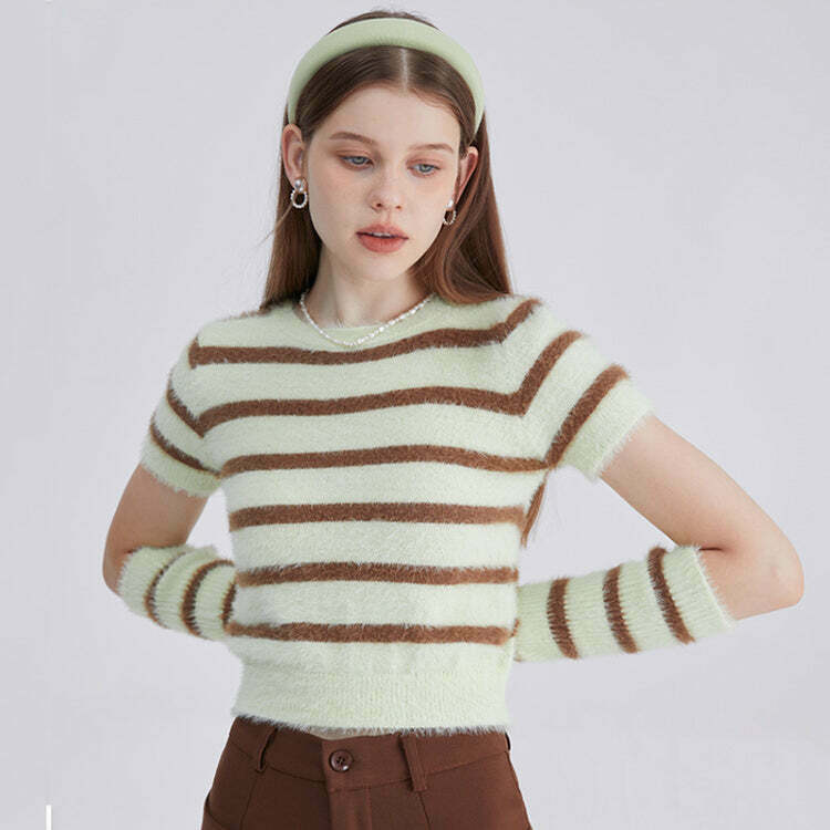 Fuzzy Striped Top and Gloves Set - Trendy Y2K Emo Style Outfit for Fashion Lovers