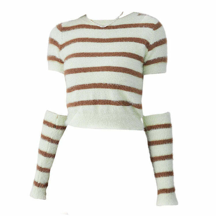 Fuzzy Striped Top and Gloves Set - Trendy Y2K Emo Style Outfit for Fashion Lovers